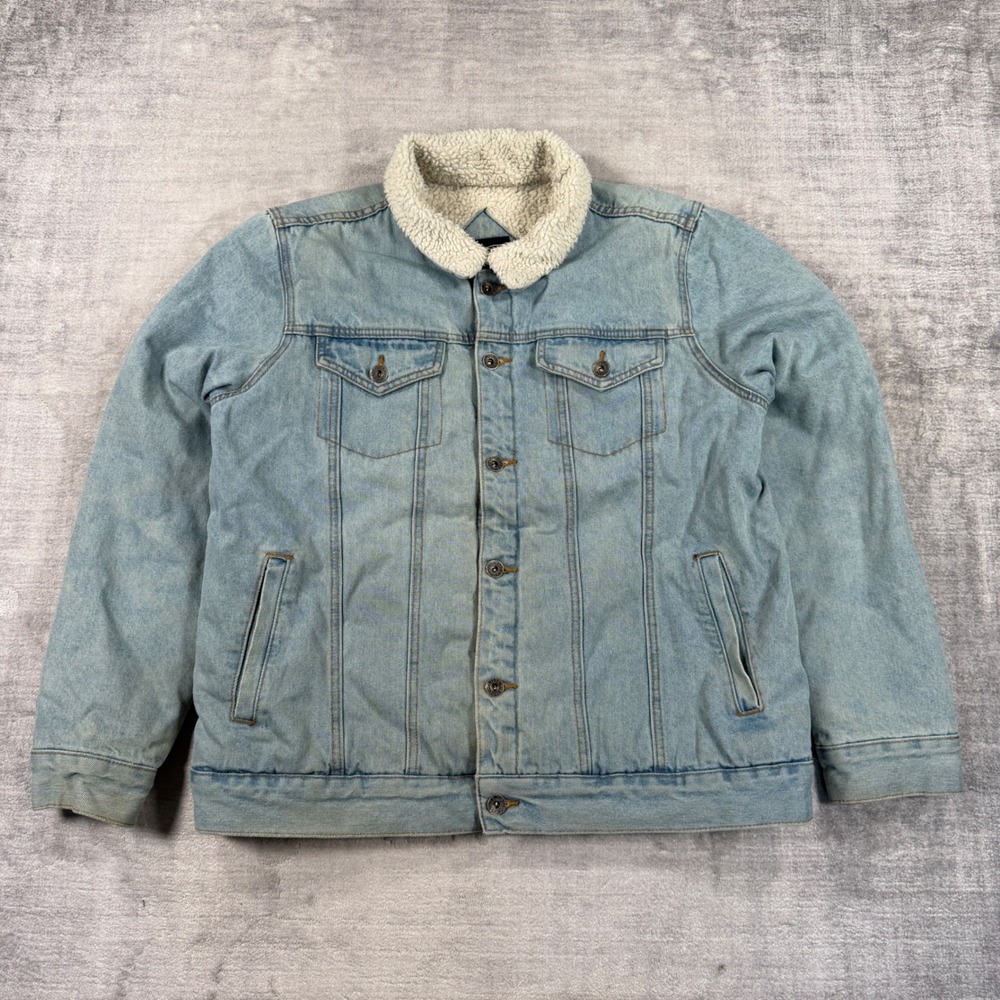Rude Jacket Mens XL Blue Light Wash Denim Trucker Sherpa Lined Fleece Collar